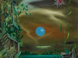 une peinture à l'huile représentant un château sur une colline, avec une lune bleue dans le ciel