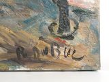 an oil painting of a lighthouse on a beach with a boat in the water