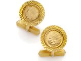 a pair of gold plated cufflinks with an indian head
