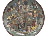 a decorative plate with a picture of a city on it