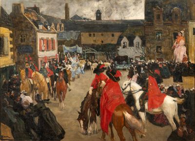 a painting of people riding horses in a town square