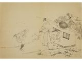 an old drawing of a man and a woman in front of a house