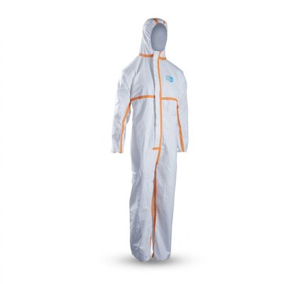 a white and orange coverall with a hood on it