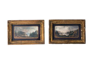 deux tableaux encadrés représentant un paysage de montagne avec une rivière au premier plan