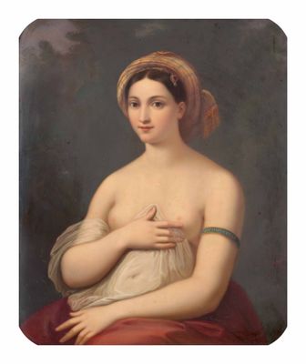 portrait d'une femme en robe blanche, avec un châle rouge