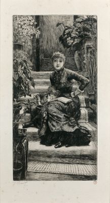 drawing of a woman sitting on a bench in a garden