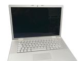 a white laptop with a black screen on a white surface