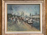 une peinture à l'huile représentant des personnes marchant sur une jetée près de bateaux