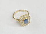 gros plan d'une bague en or avec une pierre bleue