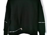 black sweater with zippers hanging on a hanger against a white wall