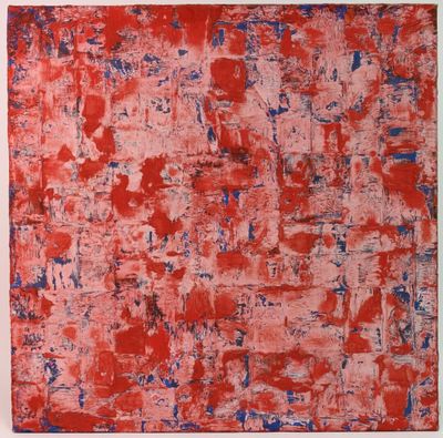 une peinture réalisée avec de la peinture rouge et bleue sur un fond blanc