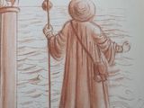 a drawing of a man holding a staff in front of a doorway