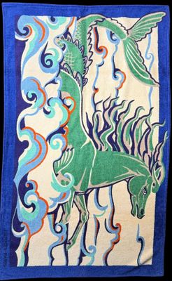 an image of a painting of a horse with a fish on it ' s back