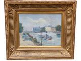 an oil painting of boats on a river with buildings in the background