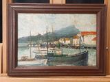 a picture of a painting of boats in a harbor