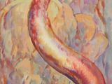 an oil painting of a snake on a table next to a plant