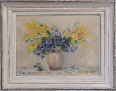 painting of yellow and blue flowers in a vase on a table