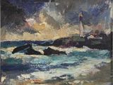 an oil painting of a lighthouse on a rocky coast with waves