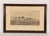 painting of two dogs running in a field with a sky in the background