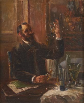 tableau représentant un homme assis à une table, un verre de vin à la main