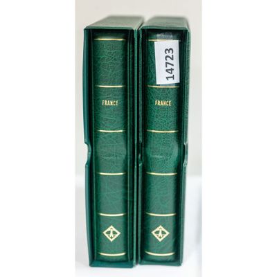 Deux livres verts aux bords dorés sont posés sur une surface blanche.