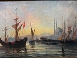 an oil painting of ships in the water with a city in the background