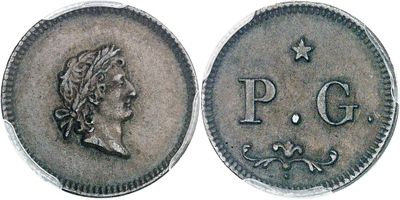 a close up of a coin with the word p g on it