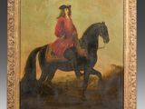 painting of a woman riding a horse in a red dress