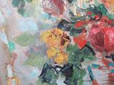 a painting of flowers in a vase on a table