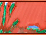 abstract painting of red and green plants with a blue sky in the background