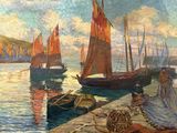 a painting of boats on the water near a pier