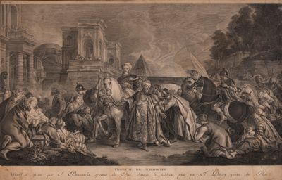 Une gravure en noir, cuivre. Triomphe de Mardochée.