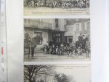 two black and white photos of horses and people in front of a building