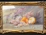 painting of a still life of oranges and grapes on a table