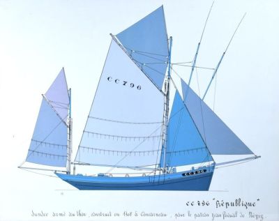 un dessin représentant un voilier aux voiles bleues