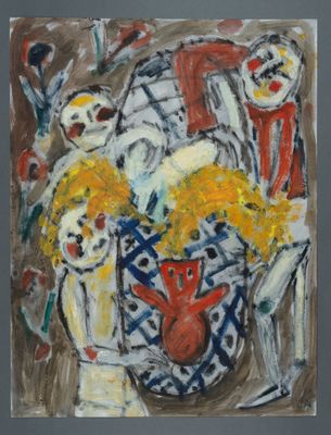 une image d'une peinture de fleurs dans un vase sur une table