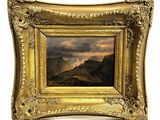 an image of a painting of a mountain scene with a sunset in the background