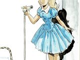 drawing of a woman in a blue dress singing into a microphone