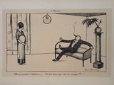 drawing of a man sitting on a chair in a room with a clock