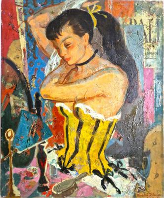 une peinture à l'huile représentant une femme en corset assise devant un miroir