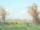 un tableau représentant des vaches paissant dans un champ, avec des arbres en arrière-plan