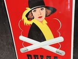 an image of a red sign with a picture of a woman in a hat and a cigarette