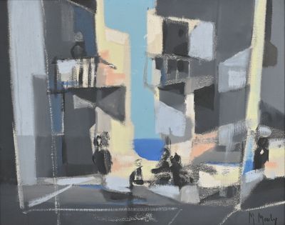 un tableau représentant une scène de rue avec une personne sur un scooter