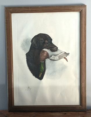 painting of a dog holding a duck in its mouth in front of a blue wall