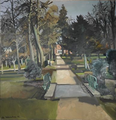 une peinture à l'huile représentant un sentier dans un parc entouré d'arbres
