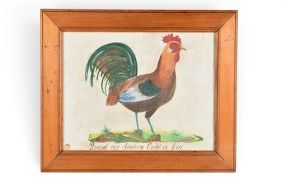 peinture représentant un coq dans un cadre en bois sur fond blanc