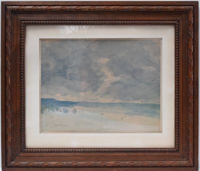 an image of a painting of a beach scene in a wooden frame