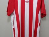 a close up of a red and white striped shirt on a hanger