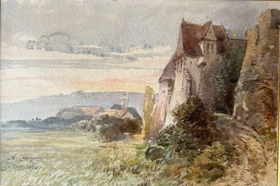a painting of a castle on the side of a hill