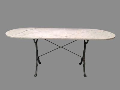 a white marble table with iron legs on a gray background